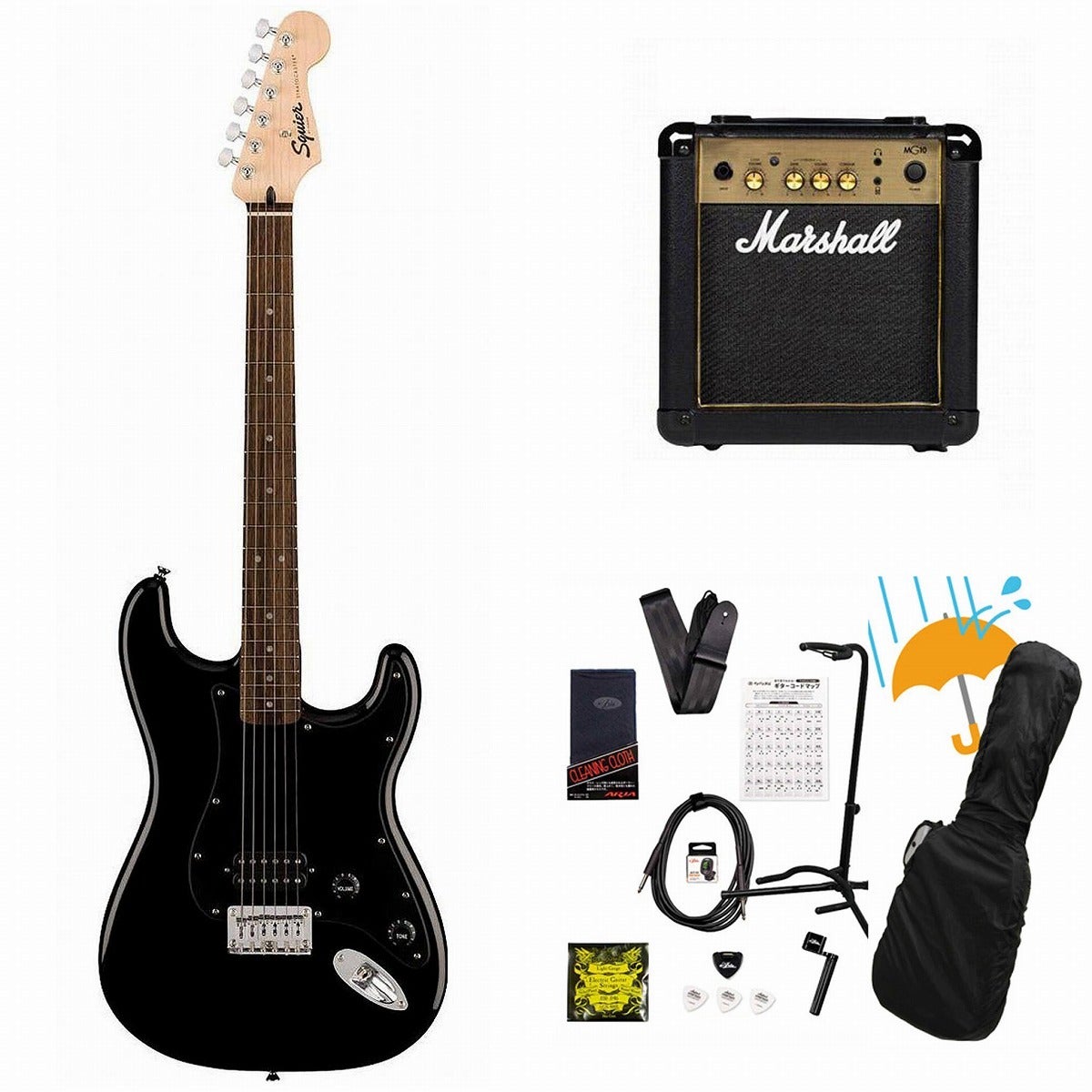 Squier by Fender / Sonic Stratocaster HT H Laurel FB BK PG Black Marshall MG10アンプ付属エレキギター初心者セットR【YRK】