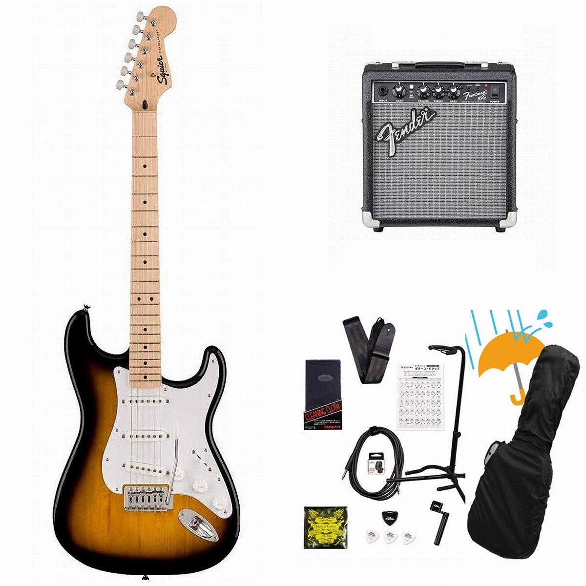 Squier by Fender / Sonic Stratocaster Maple FB WH PG 2-Color Sunburst Fender 10Wアンプ付属エレキギター初心者セットR